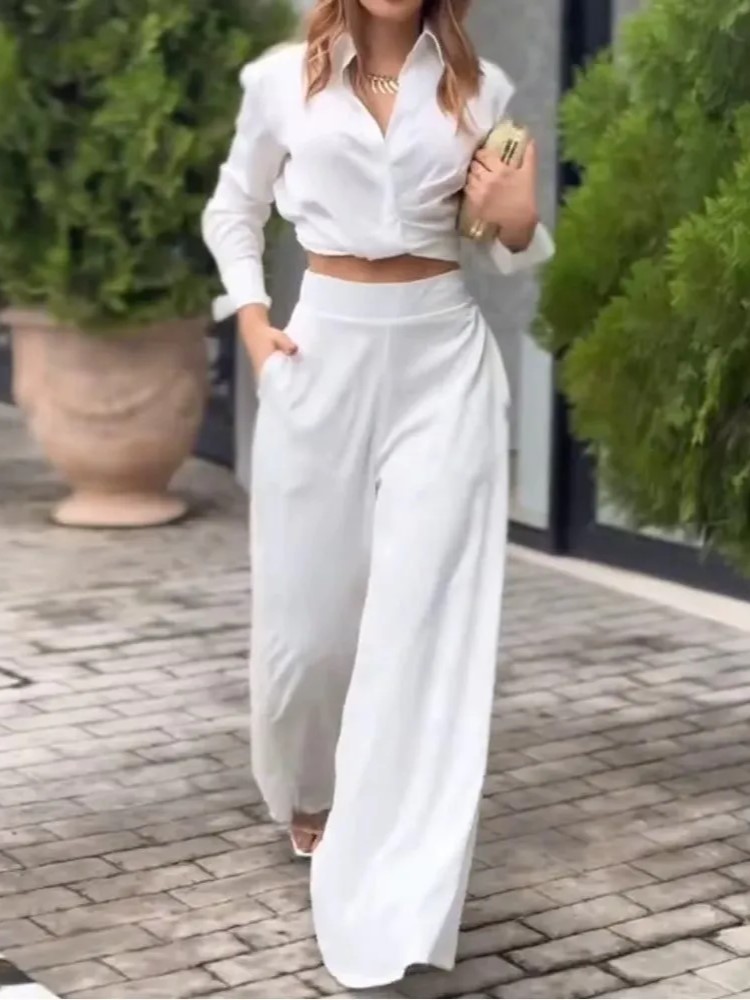 Elegant Collar Crop Top High Waist Wide Leg Pants Set