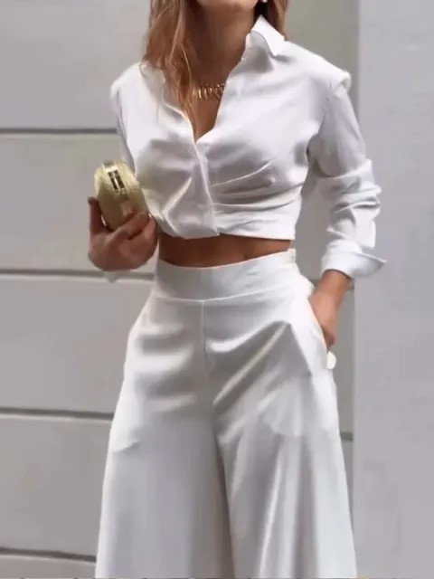 Elegant Collar Crop Top High Waist Wide Leg Pants Set