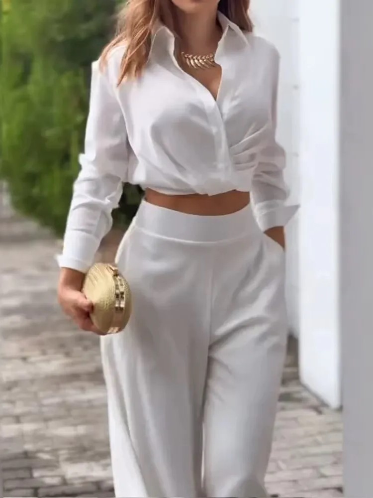 Elegant Collar Crop Top High Waist Wide Leg Pants Set