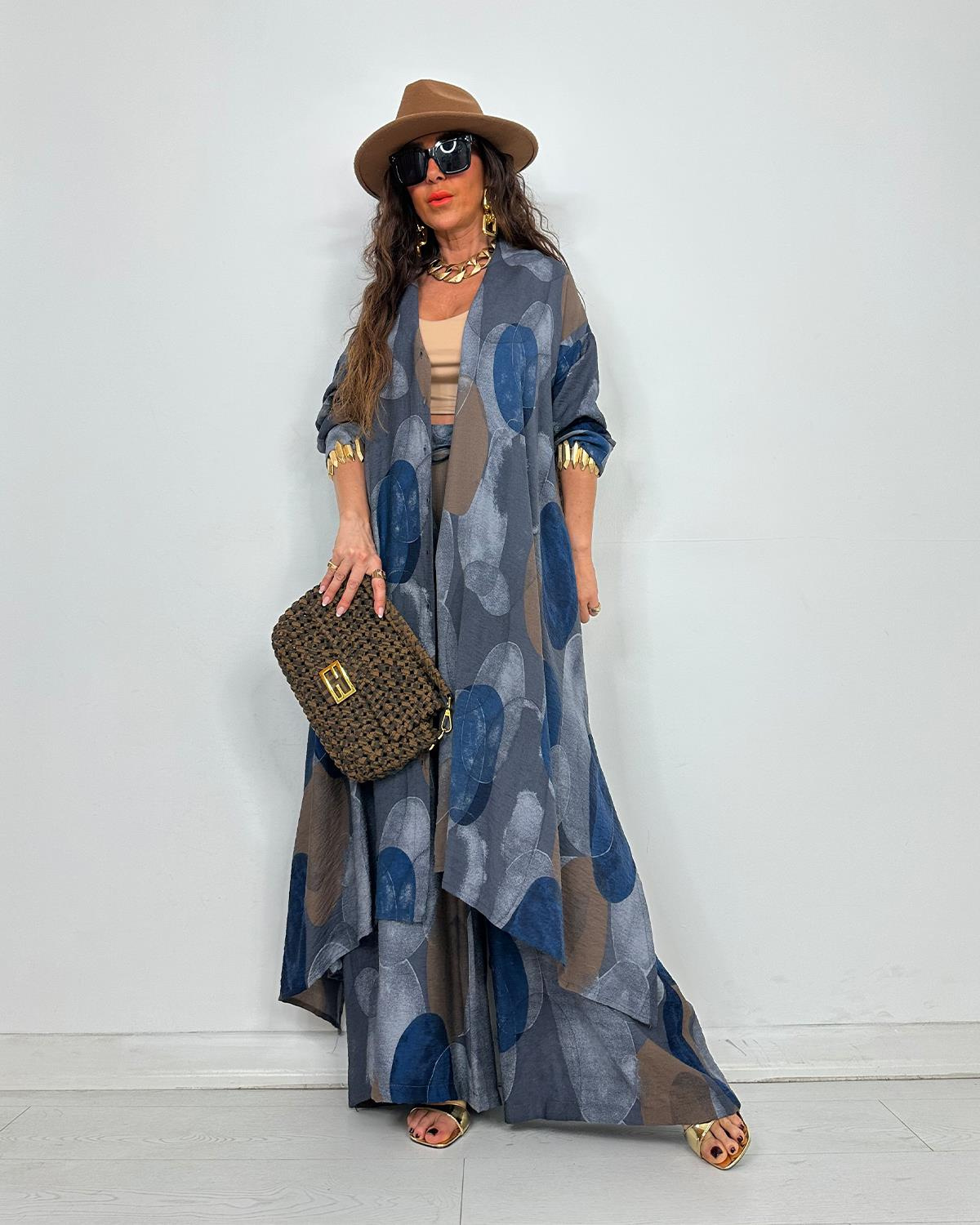 Elegant Print Button Longline Top Wide Leg Pants Set