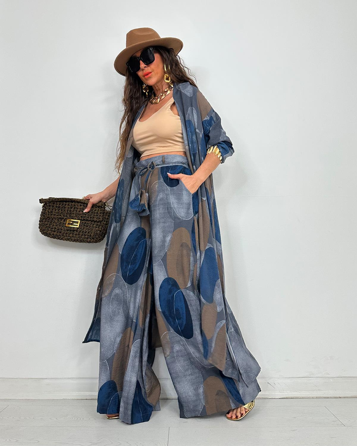 Elegant Print Button Longline Top Wide Leg Pants Set