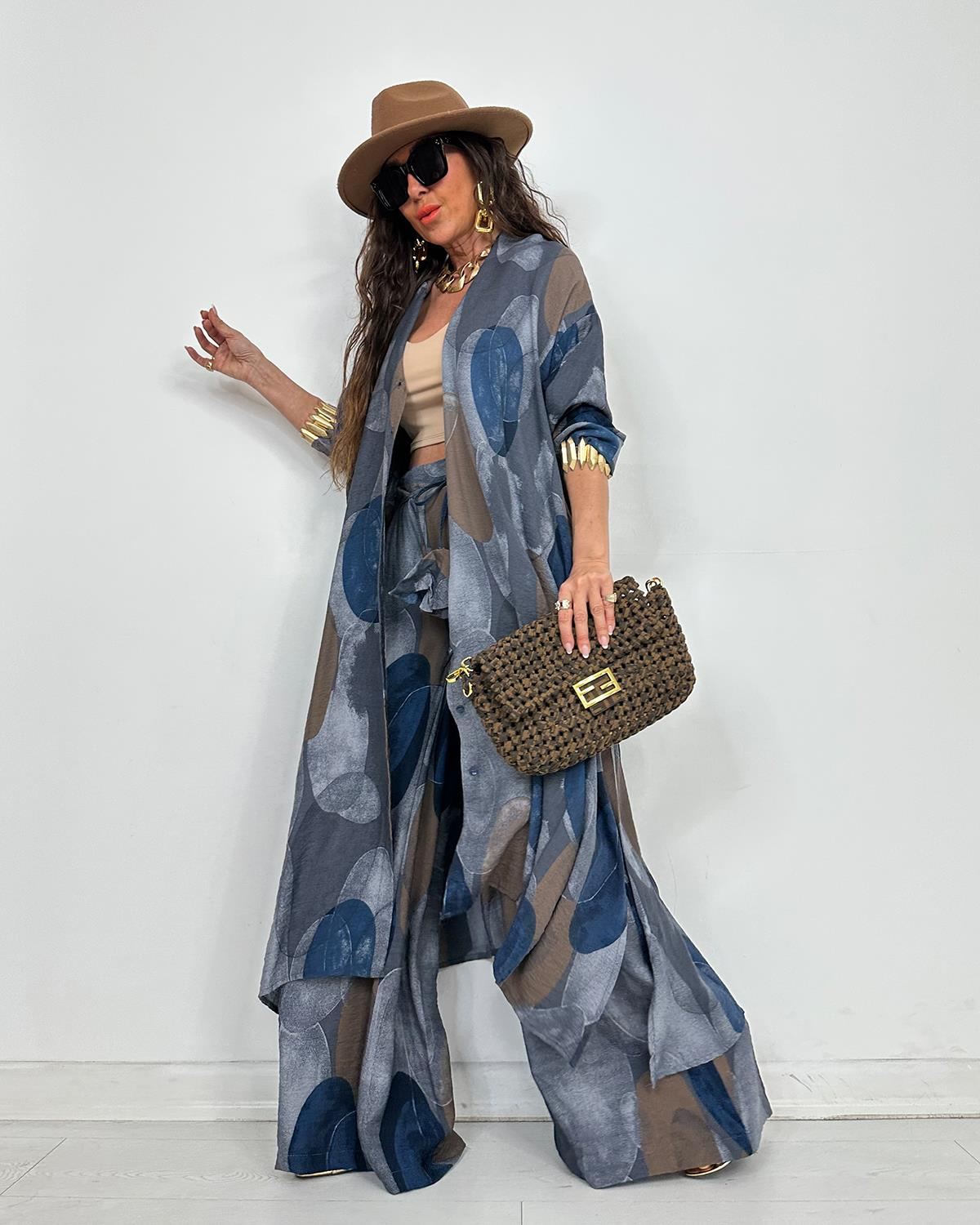 Elegant Print Button Longline Top Wide Leg Pants Set