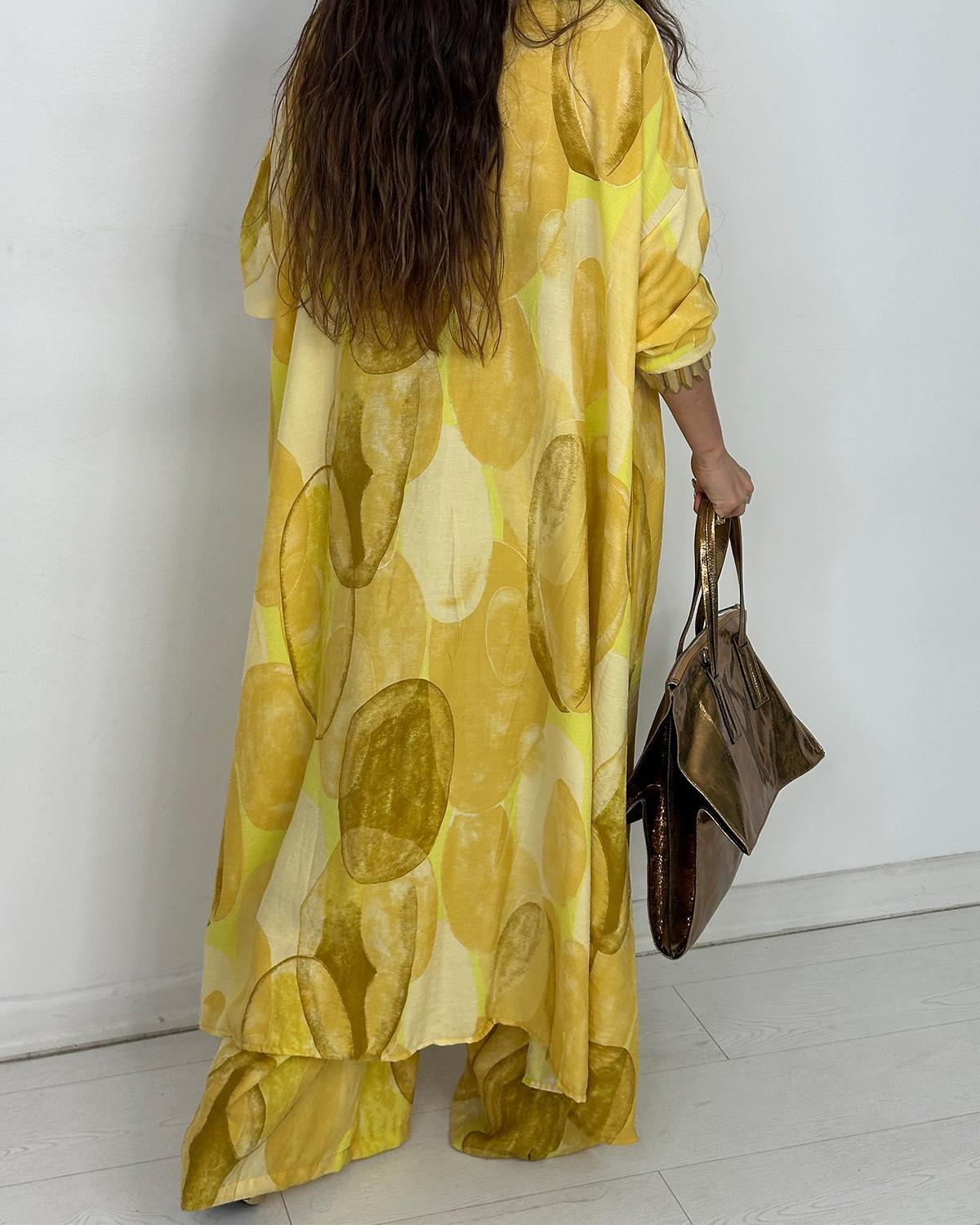 Elegant Print Button Longline Top Wide Leg Pants Set