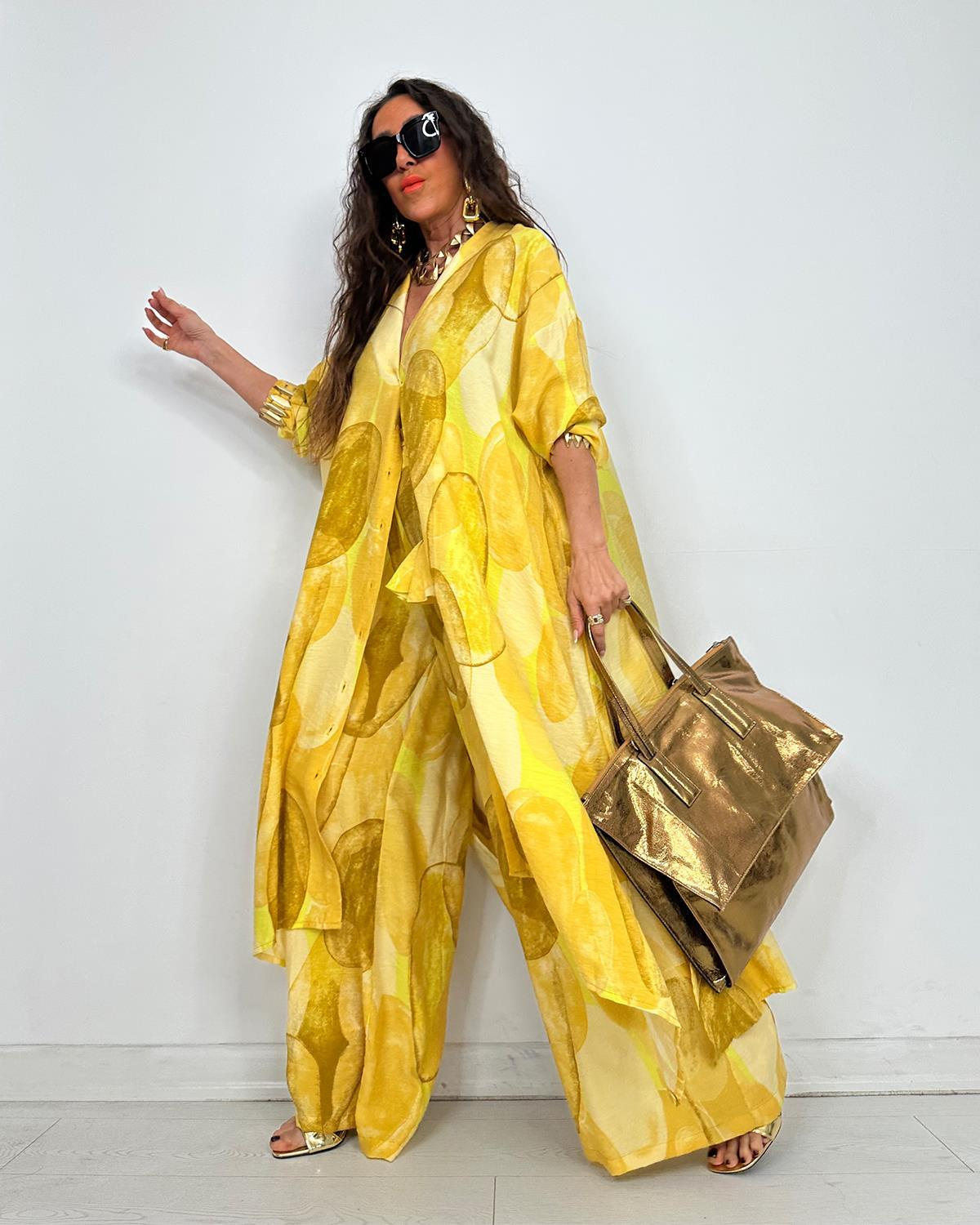 Elegant Print Button Longline Top Wide Leg Pants Set