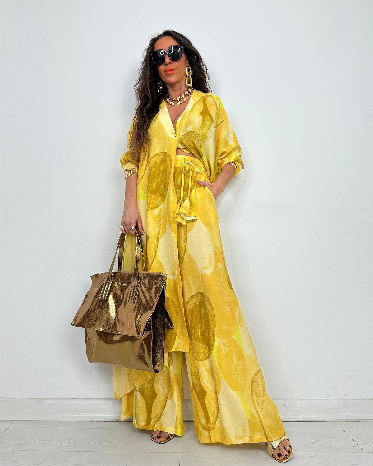 Elegant Print Button Longline Top Wide Leg Pants Set