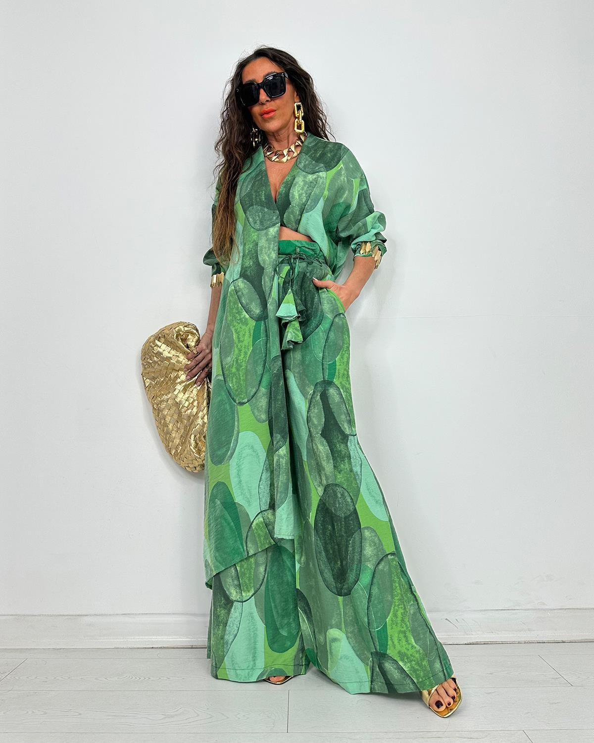 Elegant Print Button Longline Top Wide Leg Pants Set