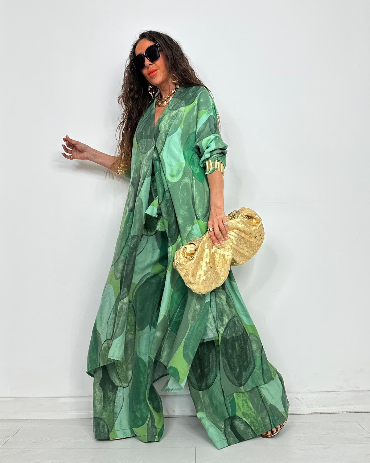 Elegant Print Button Longline Top Wide Leg Pants Set