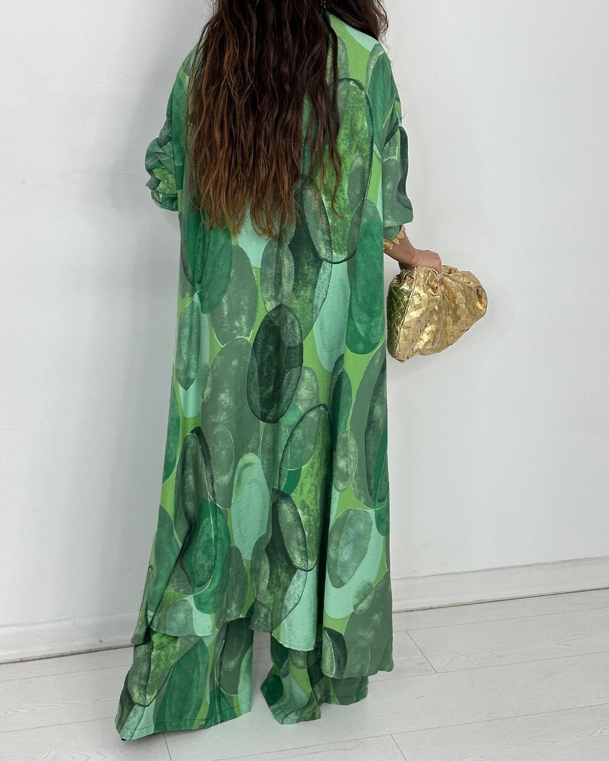 Elegant Print Button Longline Top Wide Leg Pants Set