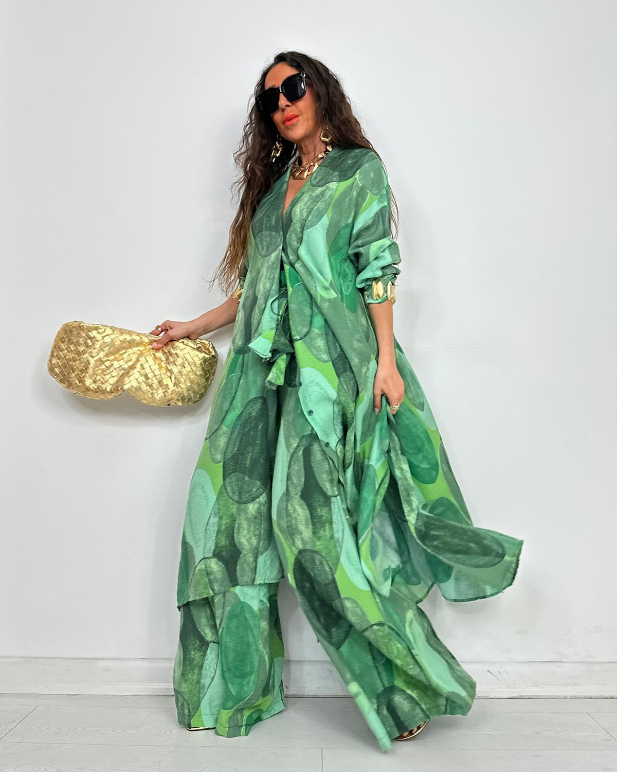 Elegant Print Button Longline Top Wide Leg Pants Set