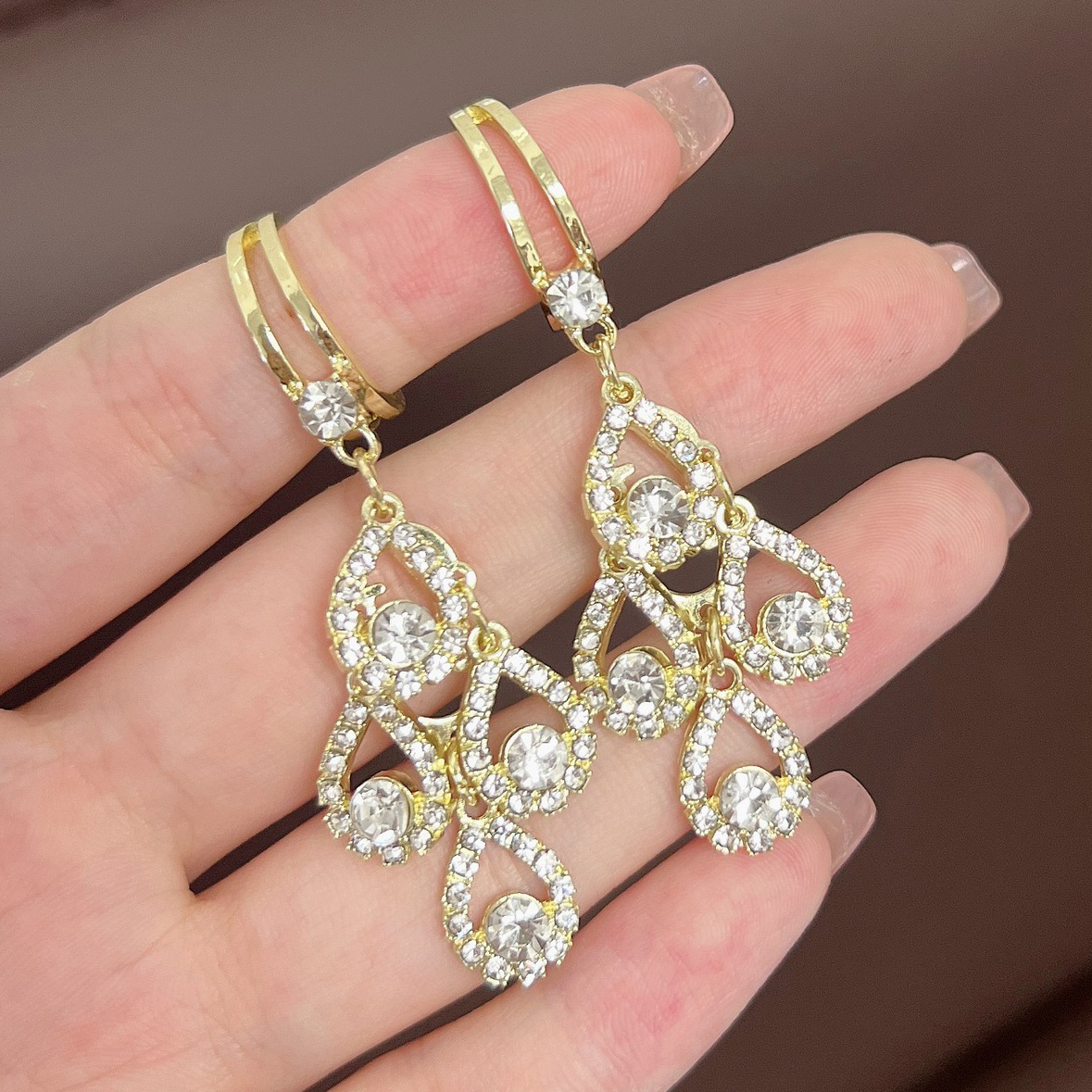 Purple Crystal Water Drop Long Tassel Earrings