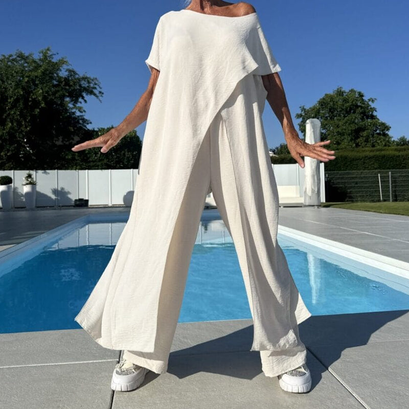 Flowy Asymmetrical Overlay Long Top and Wide Leg Pants Set