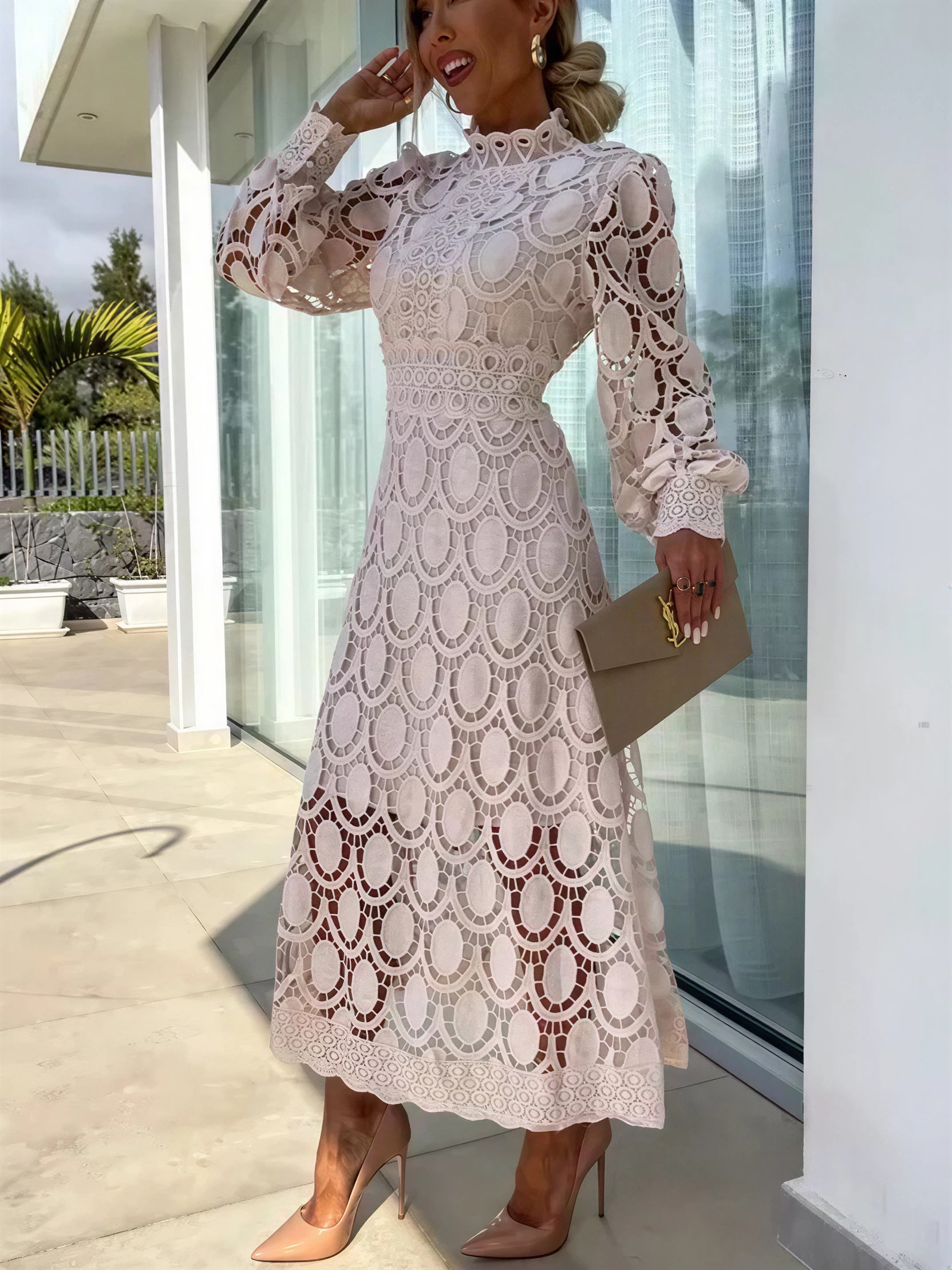 Elegant Lace Hollow Puff Sleeve Midi Dress (Buy 2 Free Shipping)