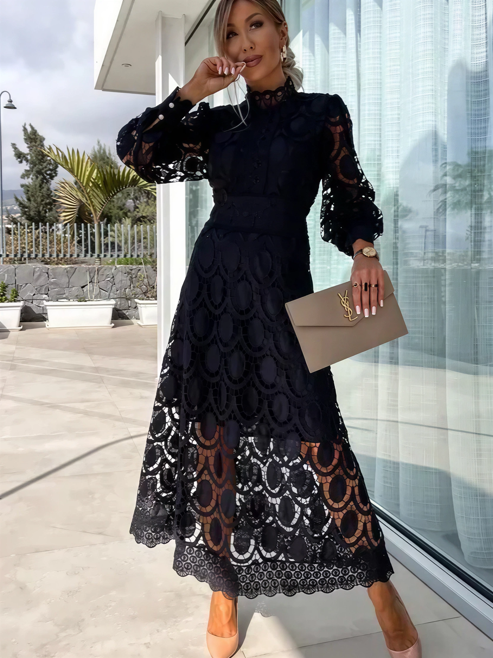 Elegant Lace Hollow Puff Sleeve Midi Dress (Buy 2 Free Shipping)