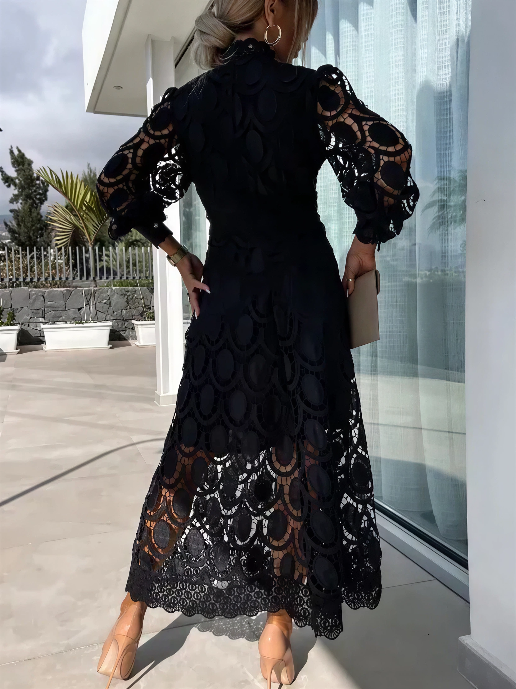 Elegant Lace Hollow Puff Sleeve Midi Dress (Buy 2 Free Shipping)