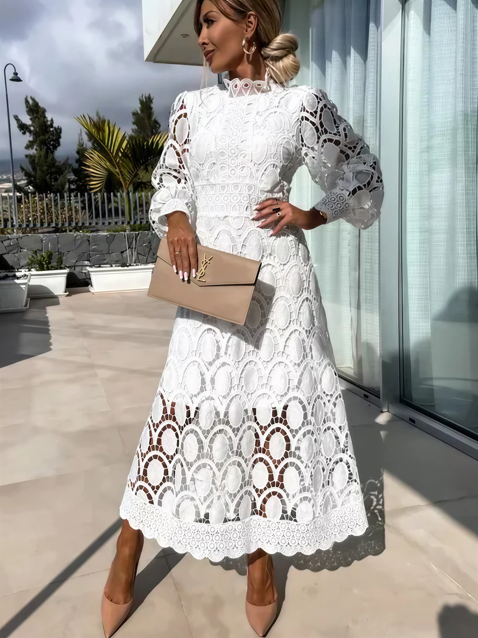 Elegant Lace Hollow Puff Sleeve Midi Dress (Buy 2 Free Shipping)