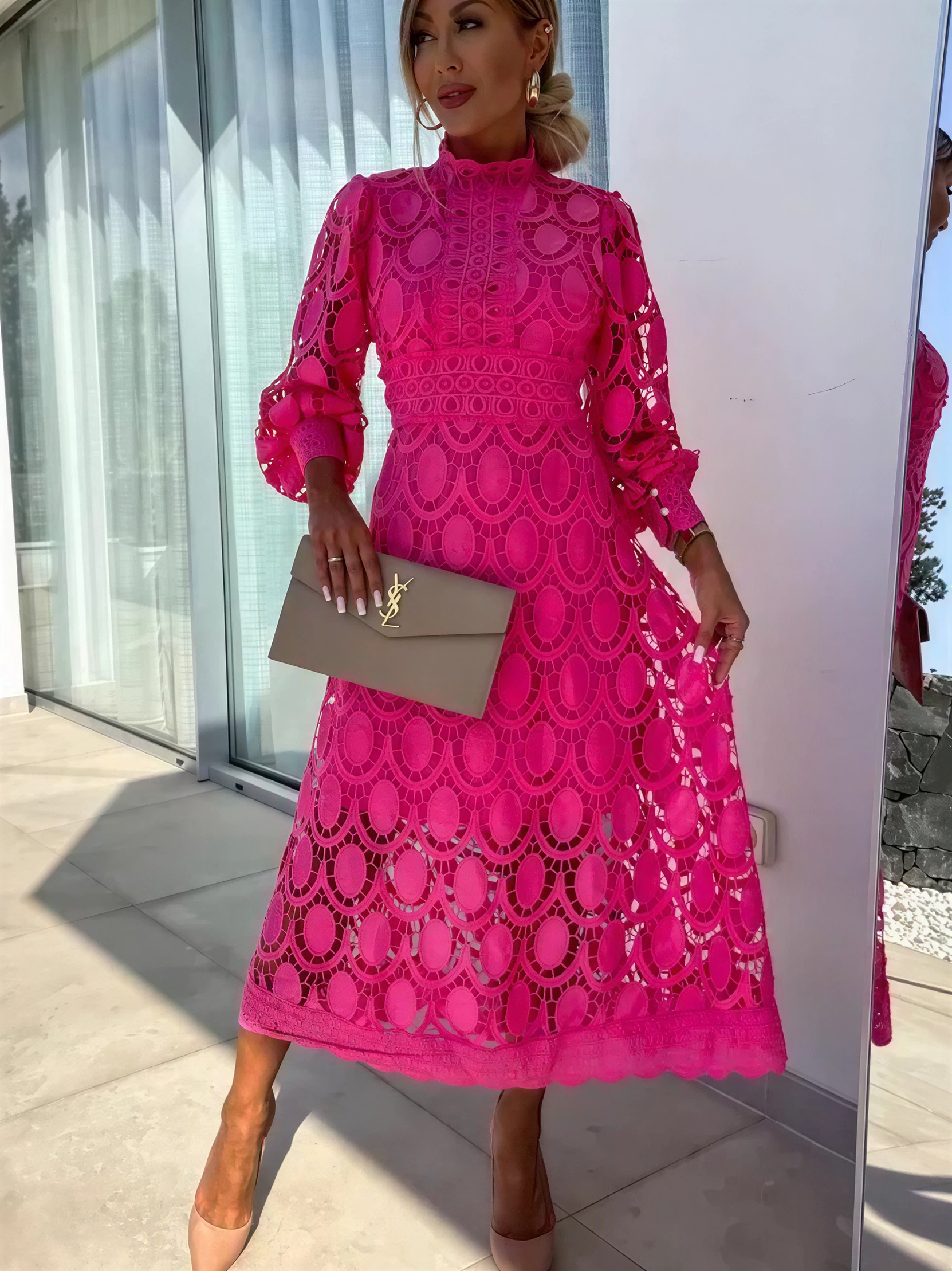 Elegant Lace Hollow Puff Sleeve Midi Dress (Buy 2 Free Shipping)