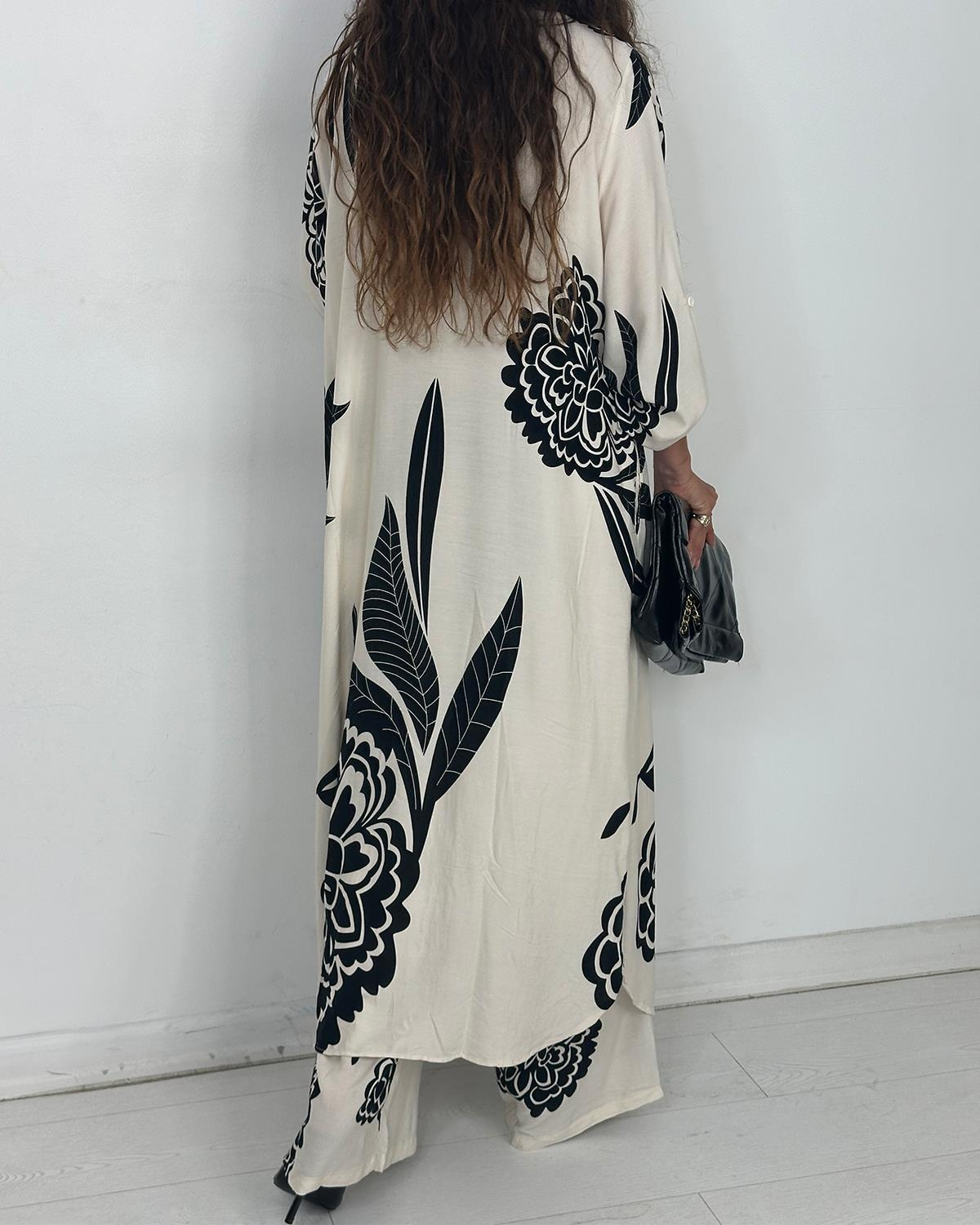 Boho Floral Print Button Front Longline Shirt Set (Buy 2 Free Shipping)