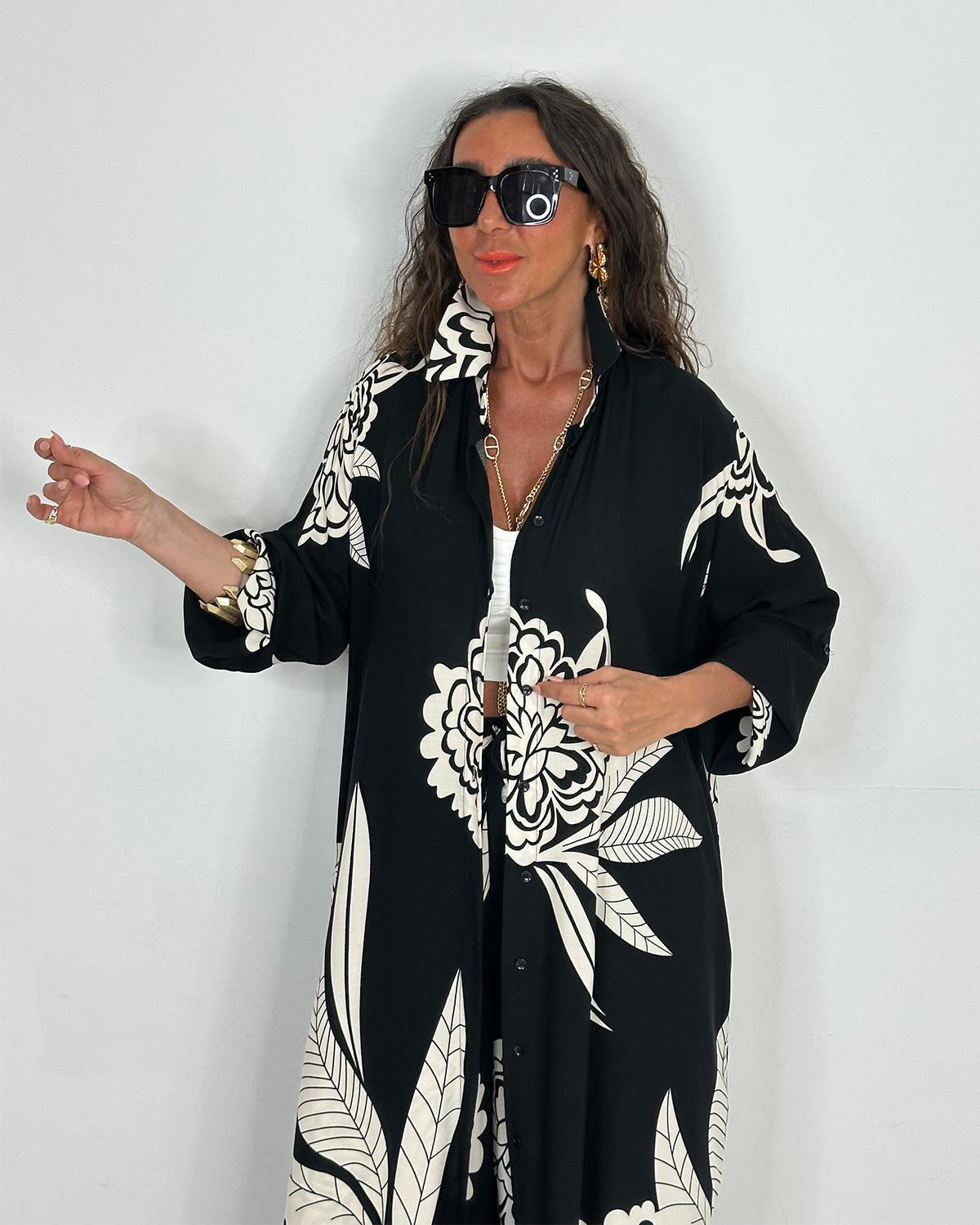 Boho Floral Print Button Front Longline Shirt Set (Buy 2 Free Shipping)