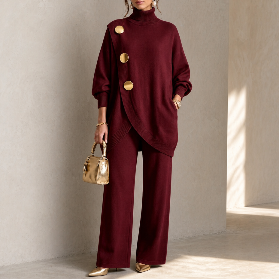 Elegant Turtleneck Asymmetric Button Knit Two Piece Set
