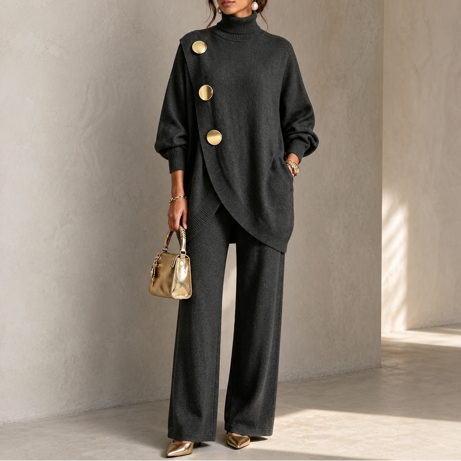 Elegant Turtleneck Asymmetric Button Knit Two Piece Set