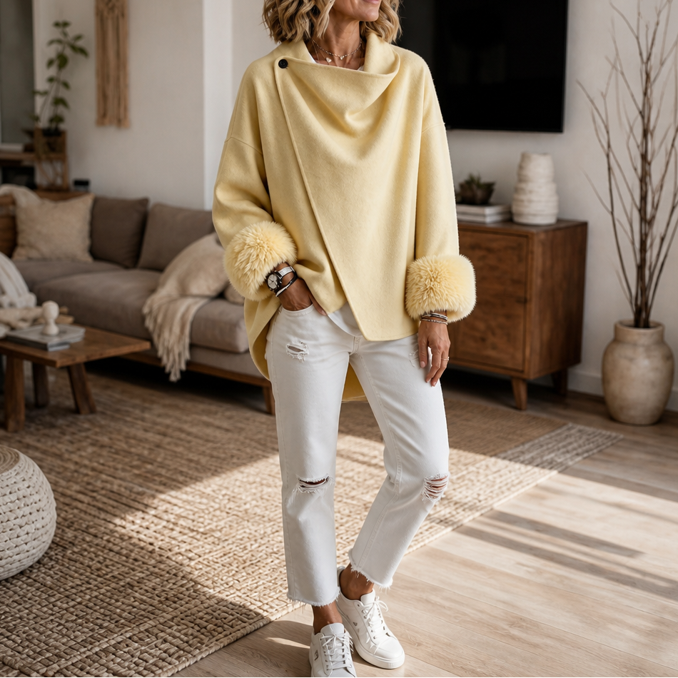 Elegant Faux Fur Cuff Asymmetric Wrap Coat