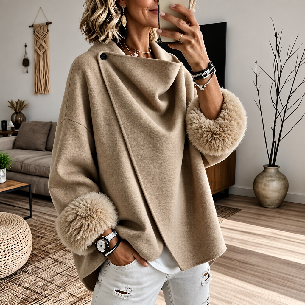 Elegant Faux Fur Cuff Asymmetric Wrap Coat