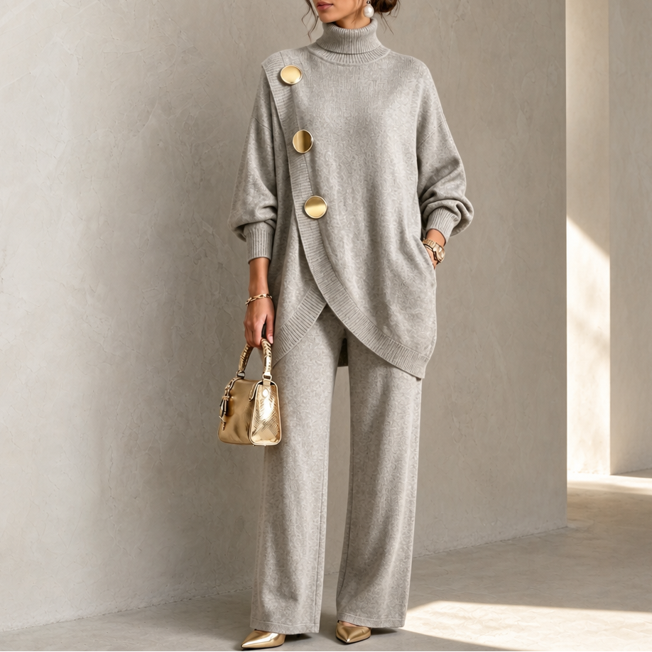 Elegant Turtleneck Asymmetric Button Knit Two Piece Set