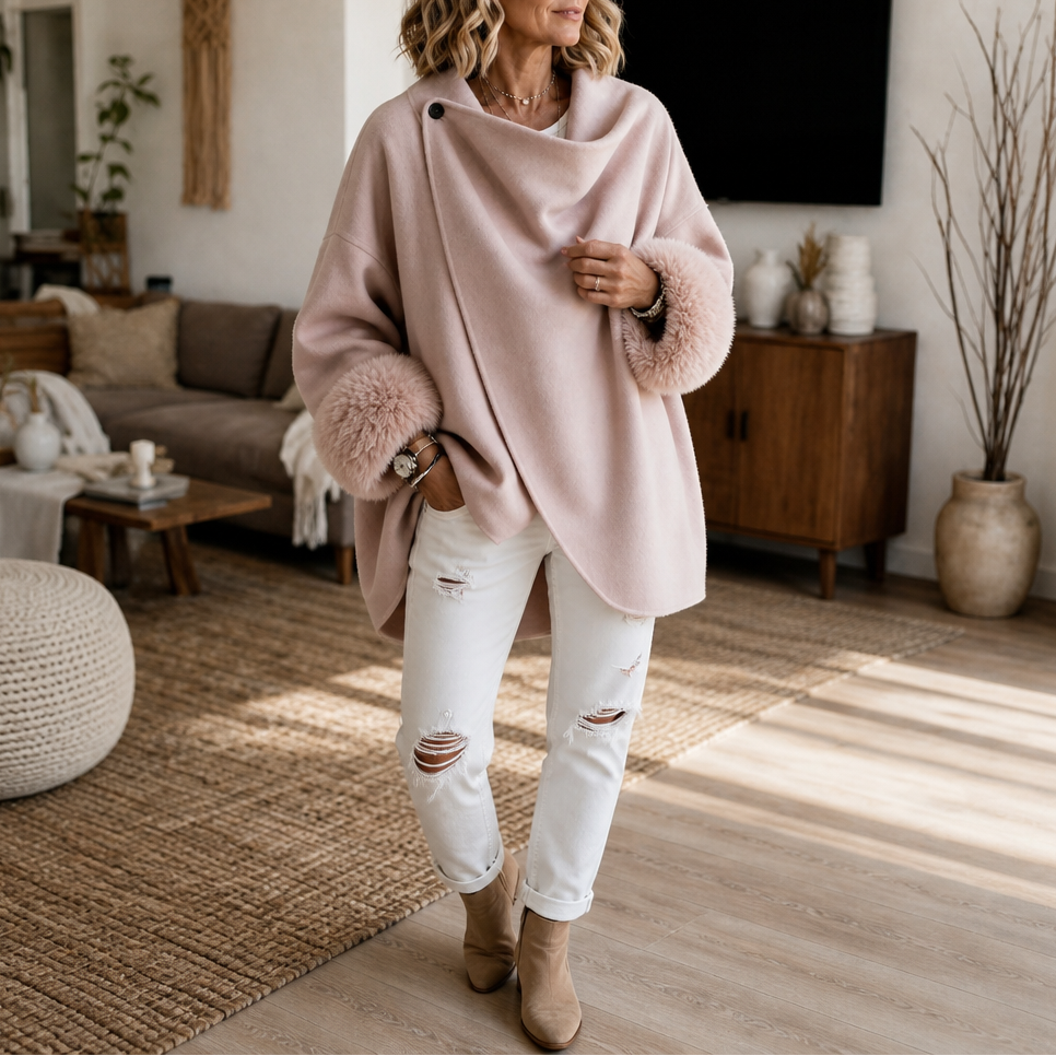 Elegant Faux Fur Cuff Asymmetric Wrap Coat