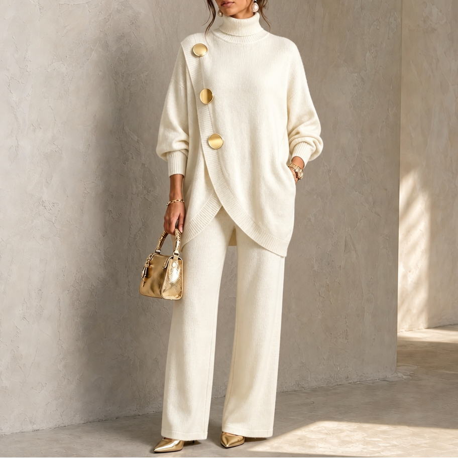 Elegant Turtleneck Asymmetric Button Knit Two Piece Set