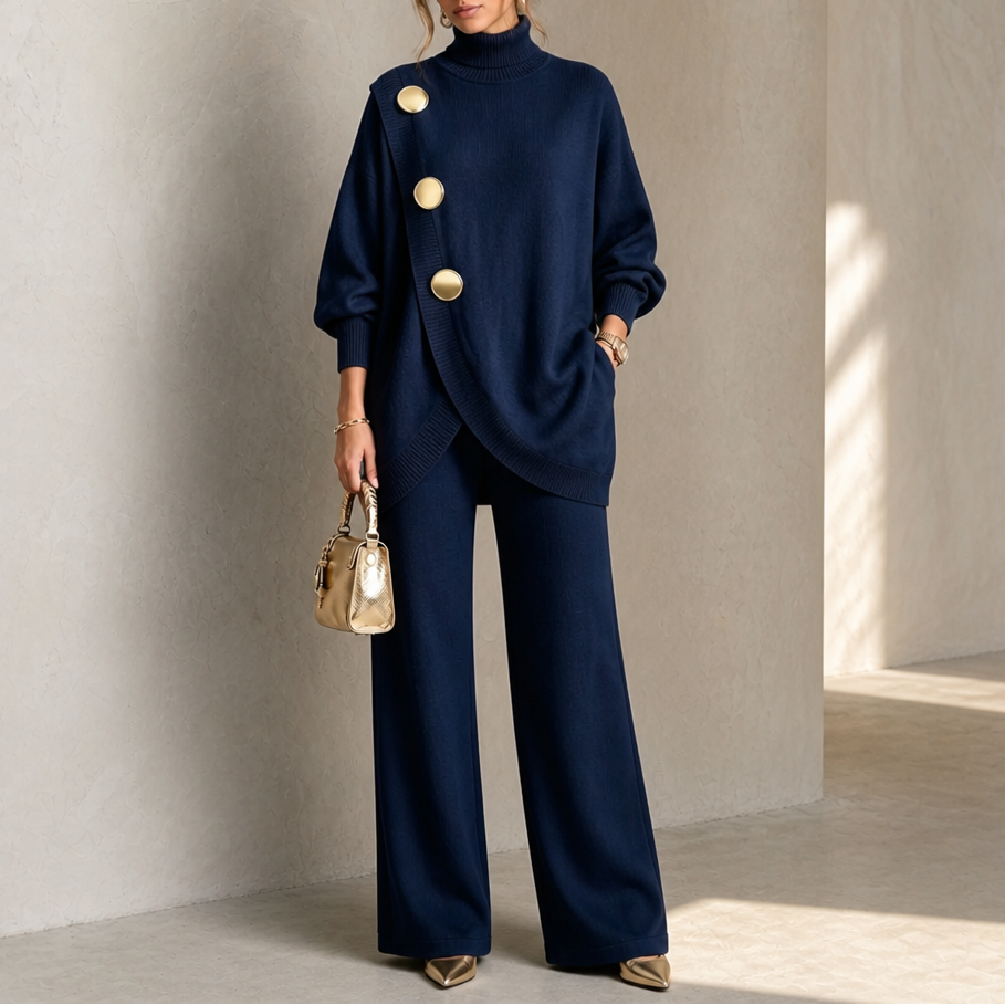 Elegant Turtleneck Asymmetric Button Knit Two Piece Set