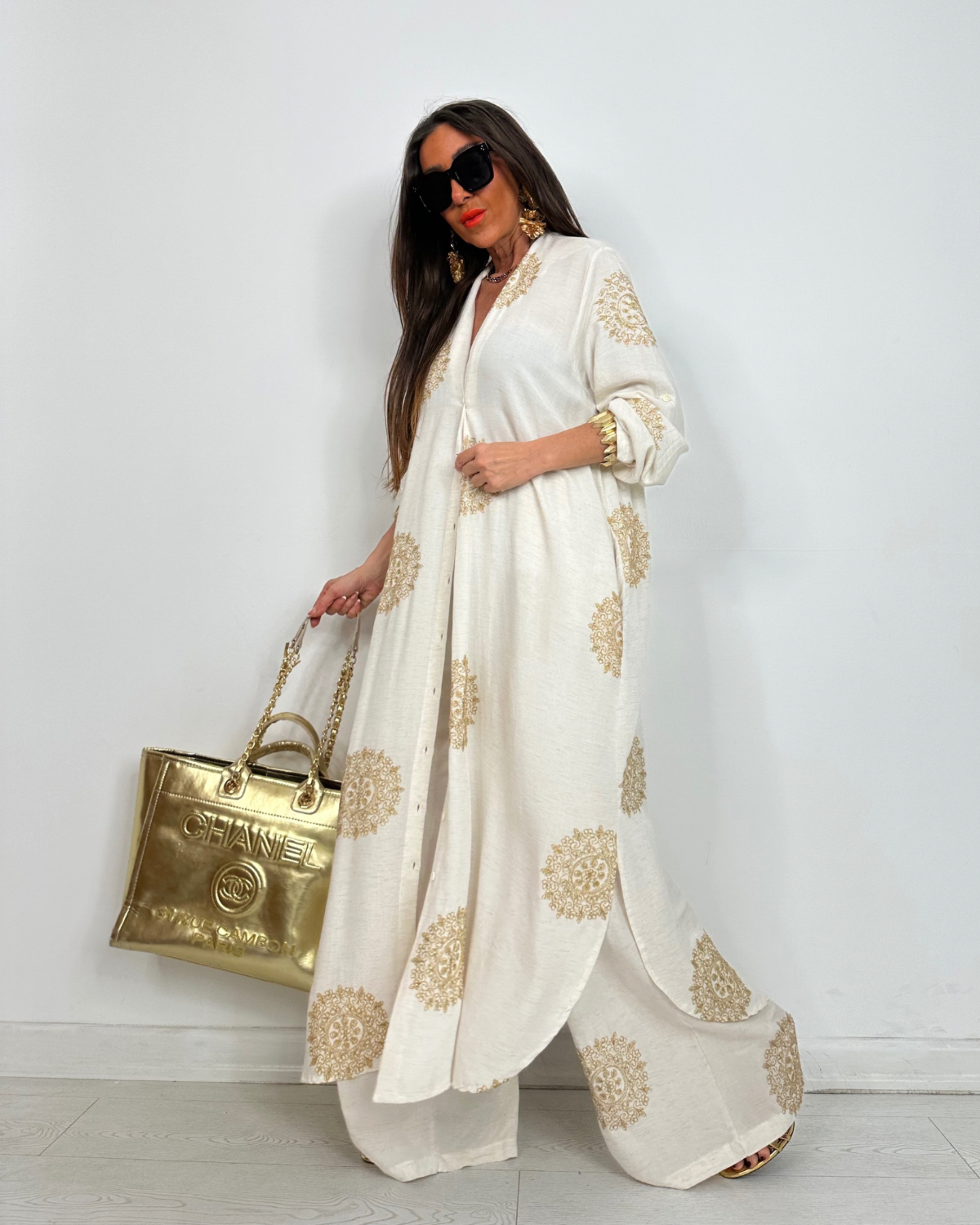 V-Neck Long Shirt and Elastic Waist Wide Leg Pants Set (Buy 2 Free Shipping)