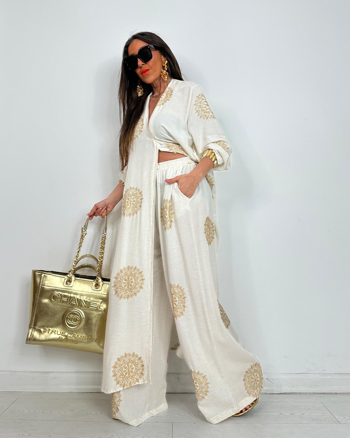 V-Neck Long Shirt and Elastic Waist Wide Leg Pants Set (Buy 2 Free Shipping)