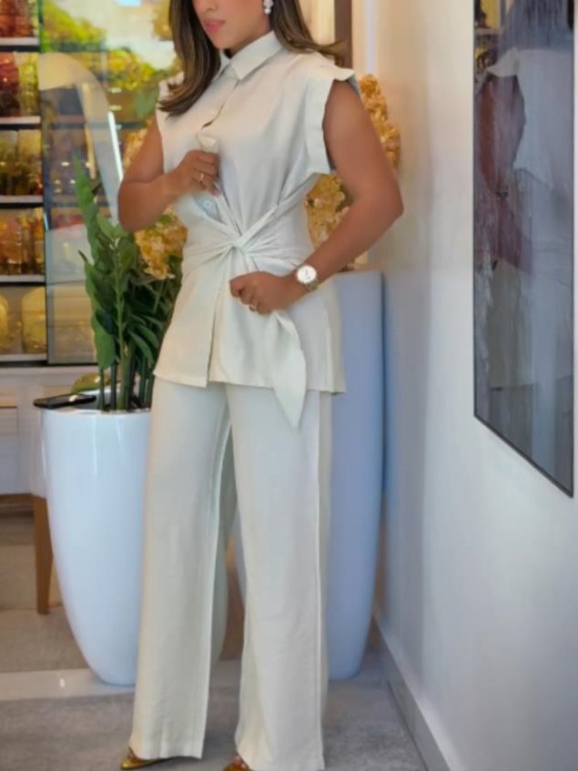 Elegant Tie-Waist Button Sleeveless Wide-Leg Two-Piece Set