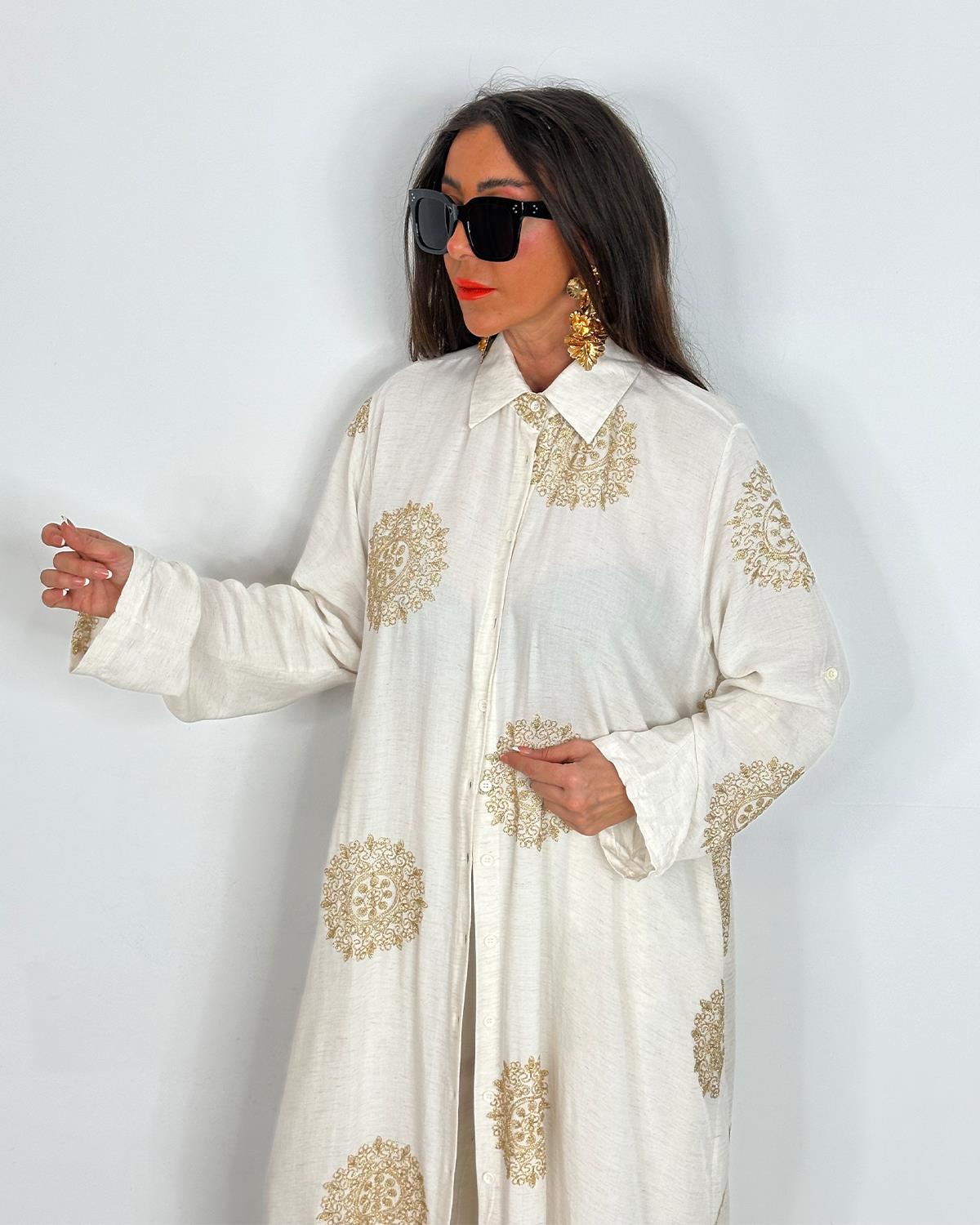 V-Neck Long Shirt and Elastic Waist Wide Leg Pants Set (Buy 2 Free Shipping)