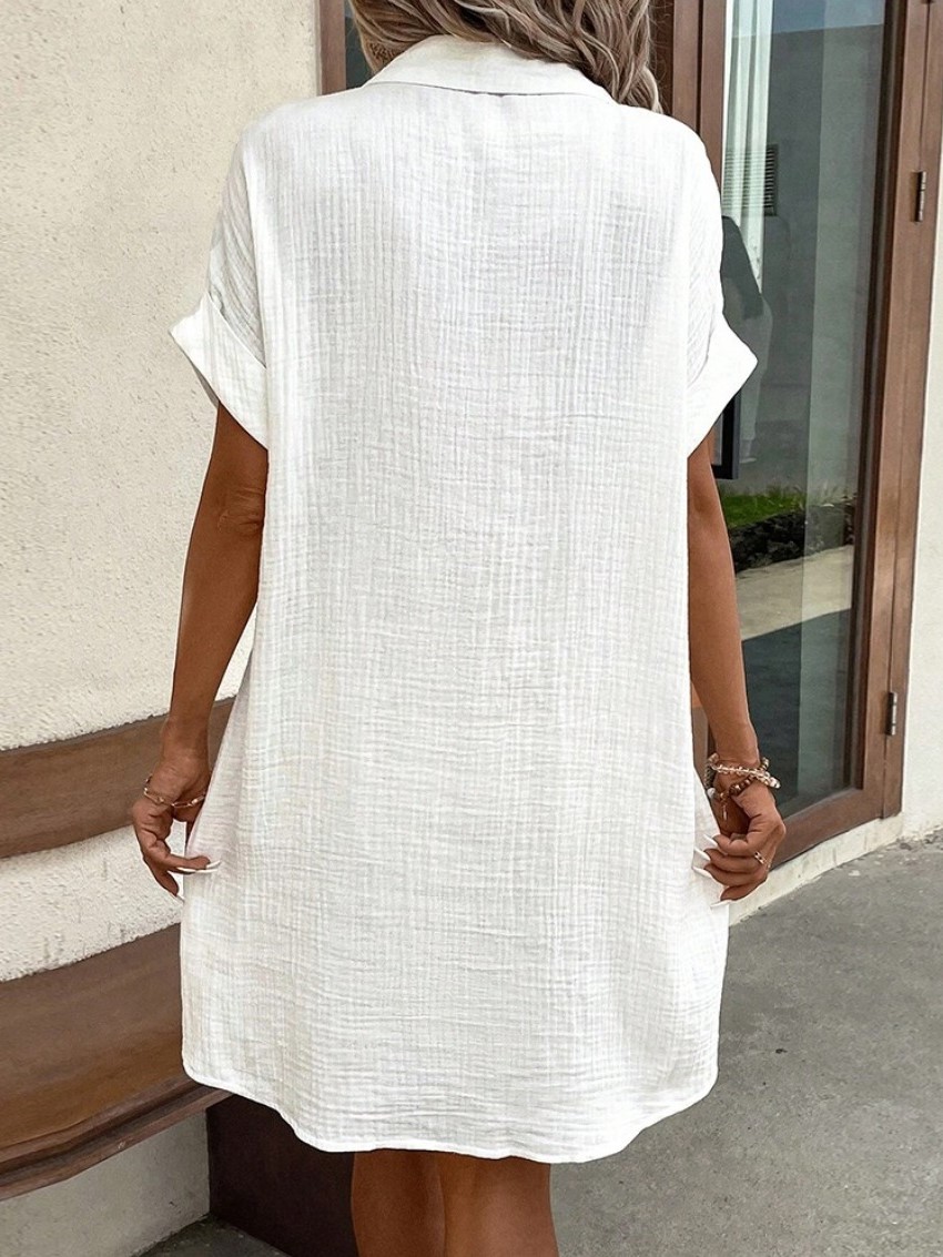 Relaxed Crinkle Button-Down Shirt Dress with Pockets (Buy 2 Free Shipping)