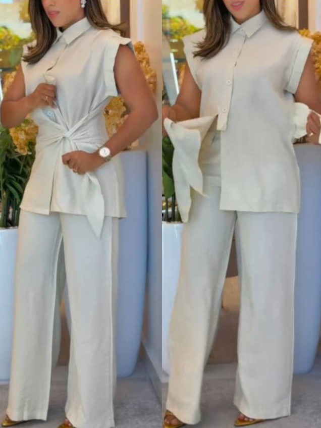 Elegant Tie-Waist Button Sleeveless Wide-Leg Two-Piece Set