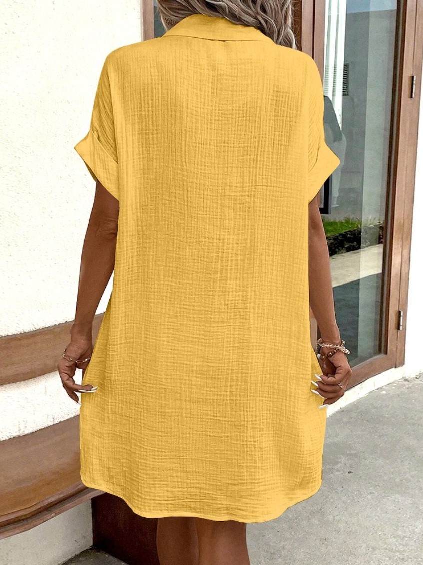 Relaxed Crinkle Button-Down Shirt Dress with Pockets (Buy 2 Free Shipping)