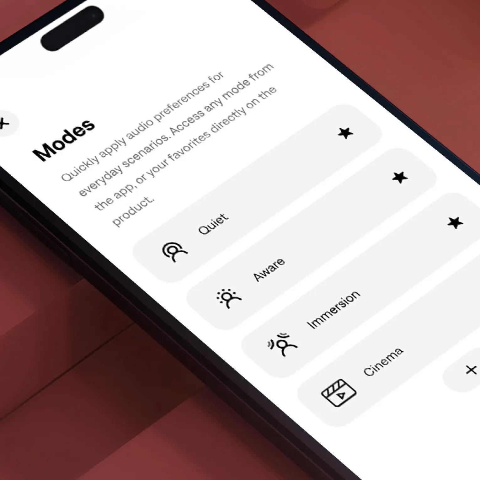 Smartphone affichant les diff&eacute;rents modes de l&rsquo;application Bose.