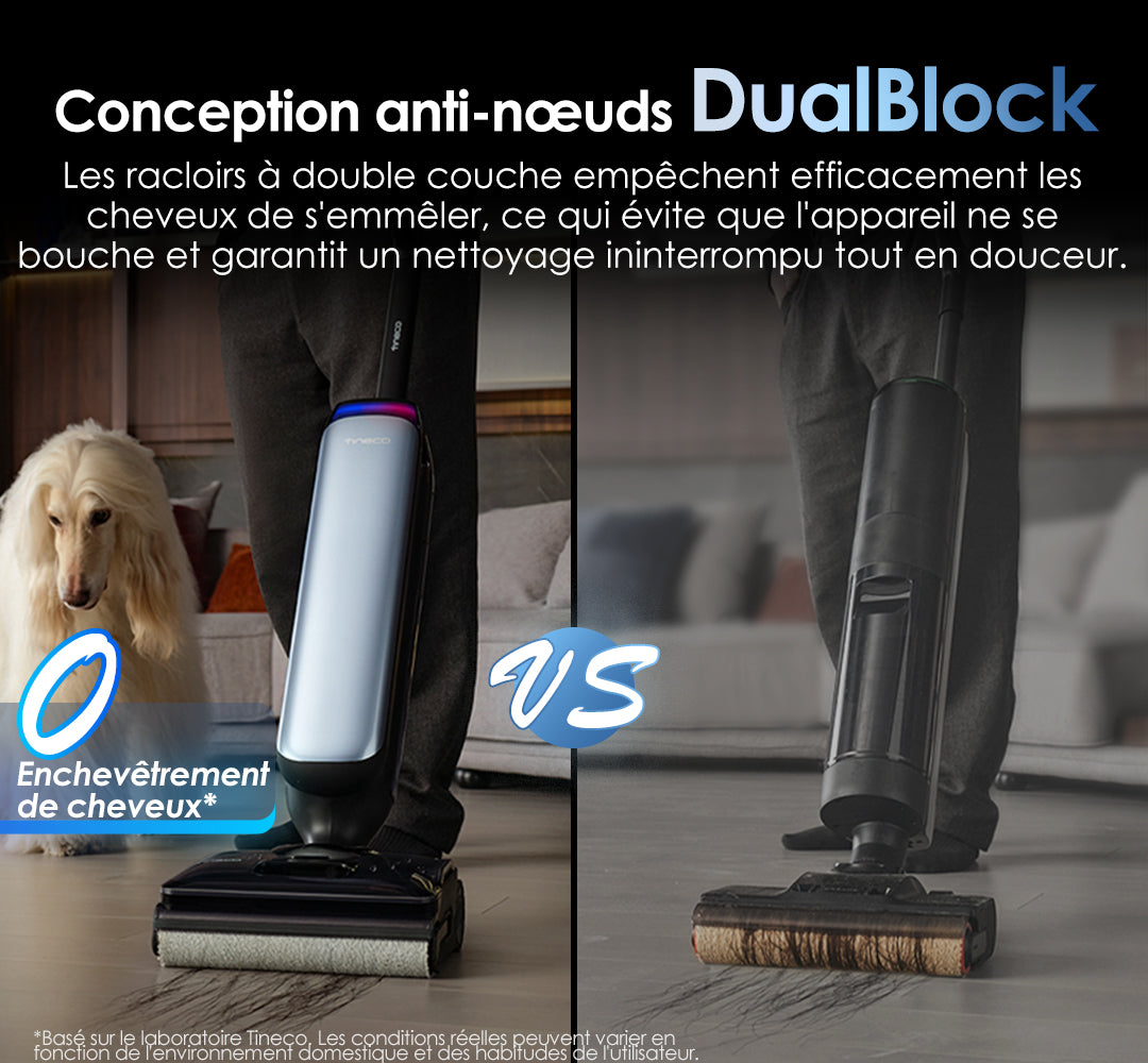 对比两款吸尘器设计,重点展示 DualBlock 防缠绕功能,背景中有一只狗。