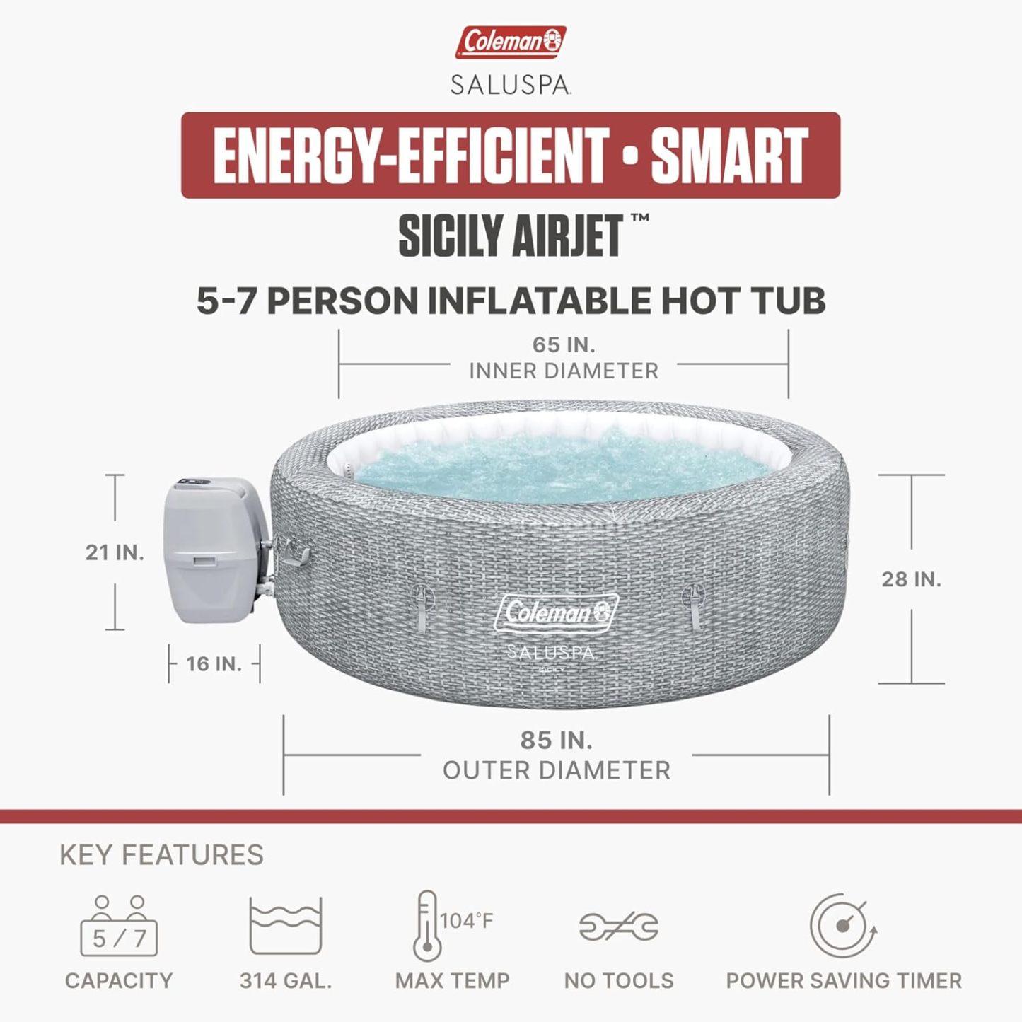 Colemthtan Sicily Energy-Efficient AirJet Inflatable Hot Tub 5-7 Person with App-Control