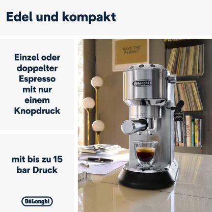 De'Longhi Dedica Style EC685.M, Machine à Expresso avec Buse à Mousse de Lait Professionnelle, Seulement 15 cm de Large, Réservoir de 1 L, Boîtier en Métal, Compatible avec les Dosettes E.S.E, Métal