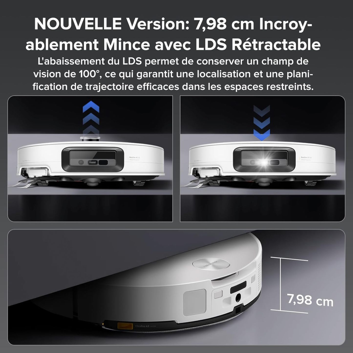 Roborock Saros 10 Aspirateur Robot 22,000 Pa DuoDivide Anti-Enchevétrements, Robot Aspirateur Le Plus Fin, Reactive Al 3.0