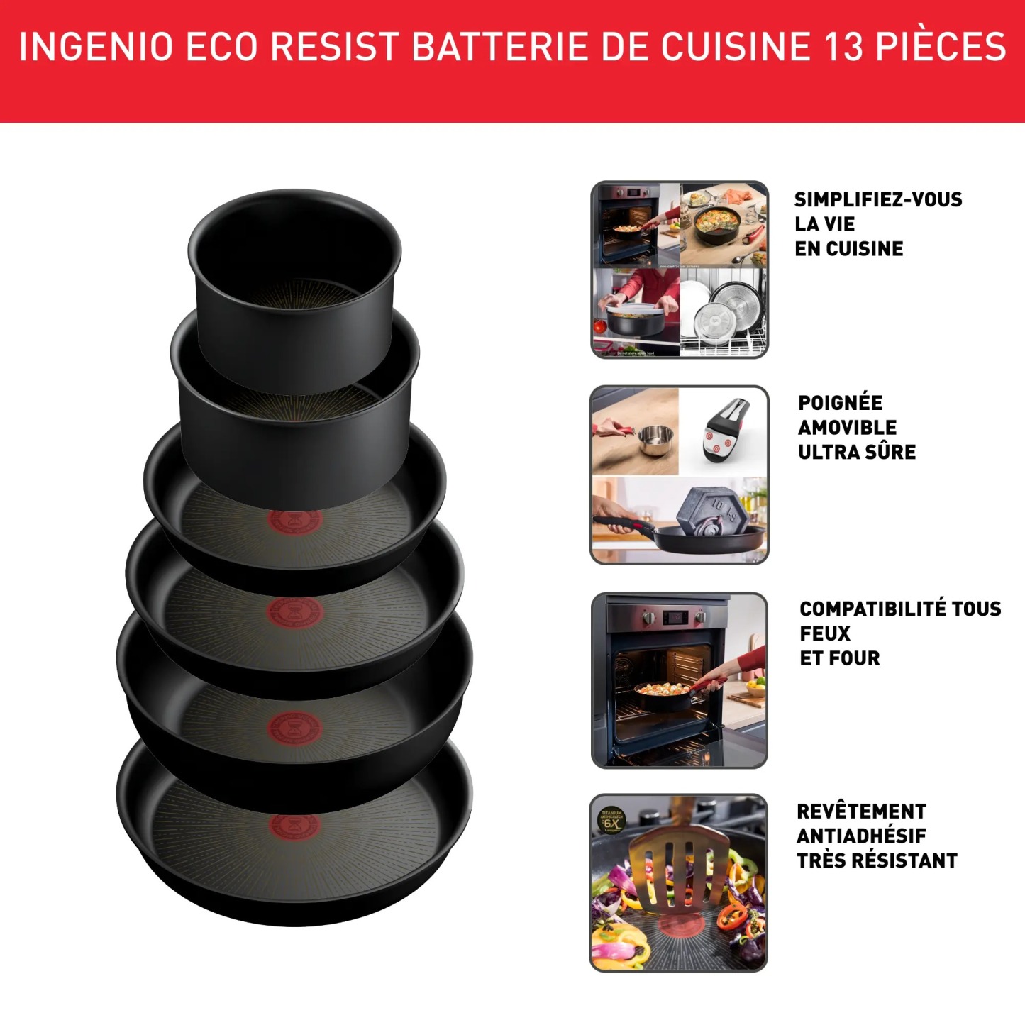 Tethtfal Ingenio Eco Resist Batterie de cuisine 13 pièces, Empilable