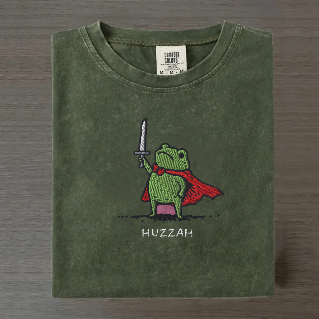 Huzzah Frog with Sword Embroidered Medieval Frog T-Shirt
