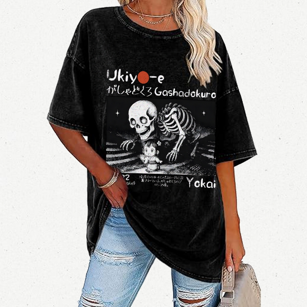 Gashadokuro Skeleton Yokai Ukiyo-e Vintage Distressed T-shirt