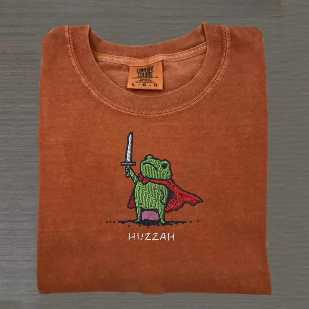 Huzzah Frog with Sword Embroidered Medieval Frog T-Shirt