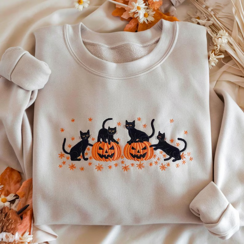 Embroidered Halloween Black Cat Sweatshirt
