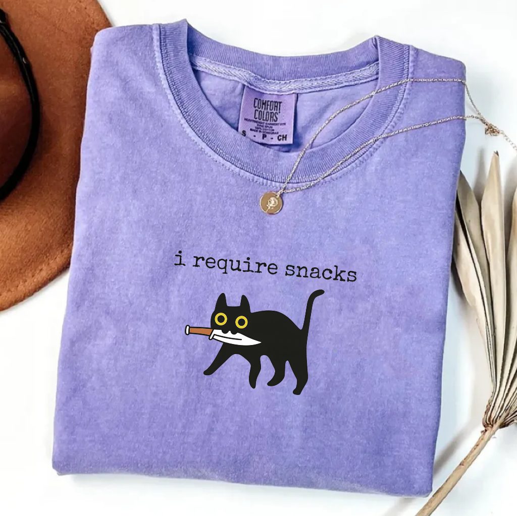 I Require Snacks Shirt Comfort Colors Funny Black Cat T-Shirt