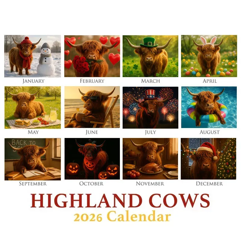 2026 Highland Cow Wall Calendar