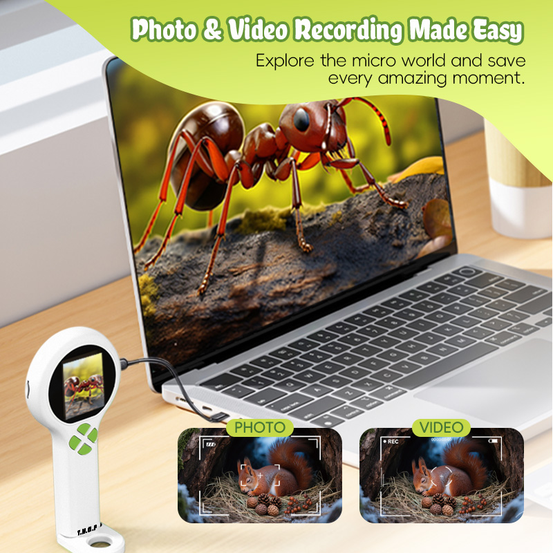 2-in-1 Pocket Microscope & Endoscope for Kids – 500X Digital Handheld Microscope with HD Screen, LED Light, Photo & Video Capture, STEM Science Exploration Kit